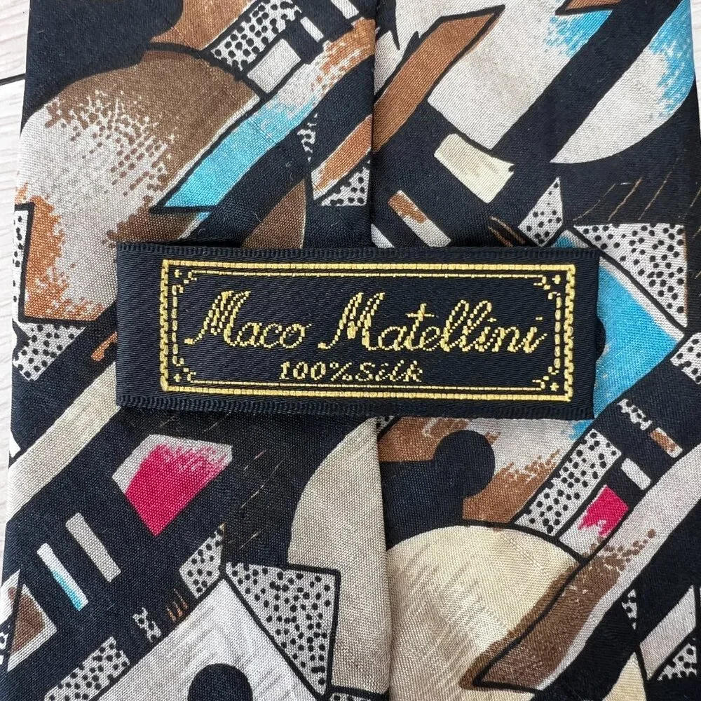 Vintage 80s Maco Matellini 100% Silk Abstract Geometric Print Necktie 55
